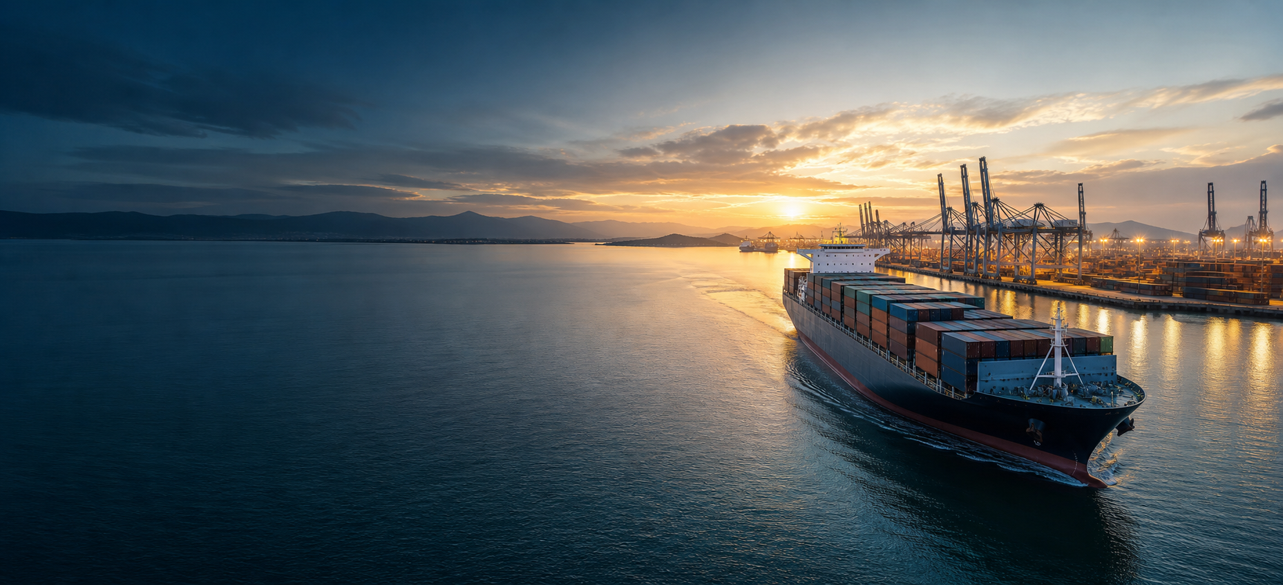 Container ship approaching a global shipping terminal at sunrise